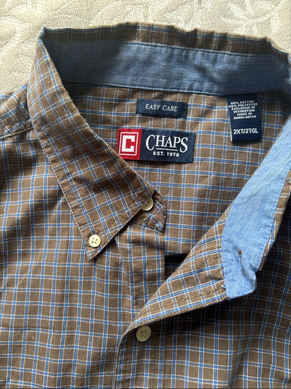 Chaps Brown Plaid Casual Button-Down Shirt with Blue Trim